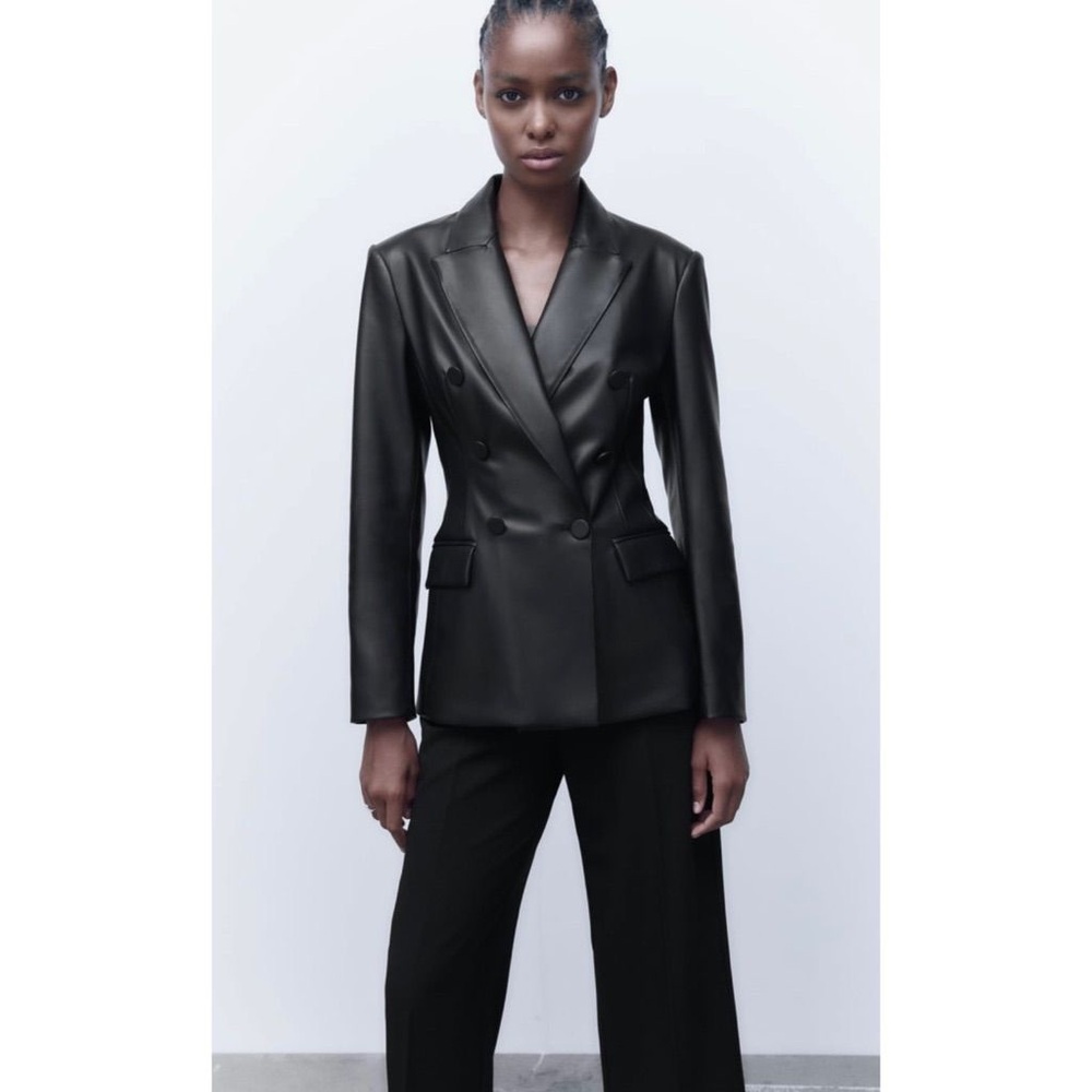 Zara Women's Black Faux Leather Blazer Double Breasted Small